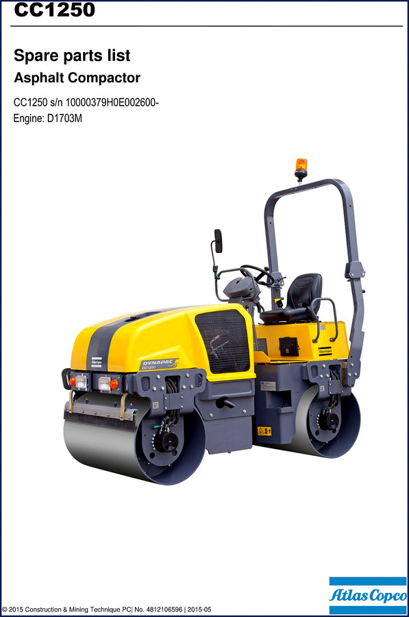 Atlas Copco CC1250 2015 Parts Catalog cover showing asphalt compactor and model designations