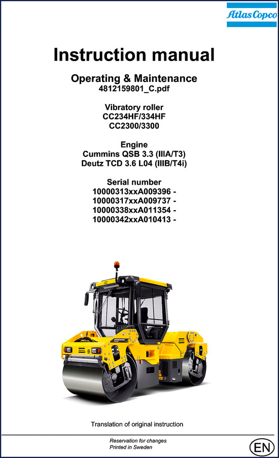 Atlas Copco CC234HF vibratory roller 2016 user manual cover showing model and safety decals