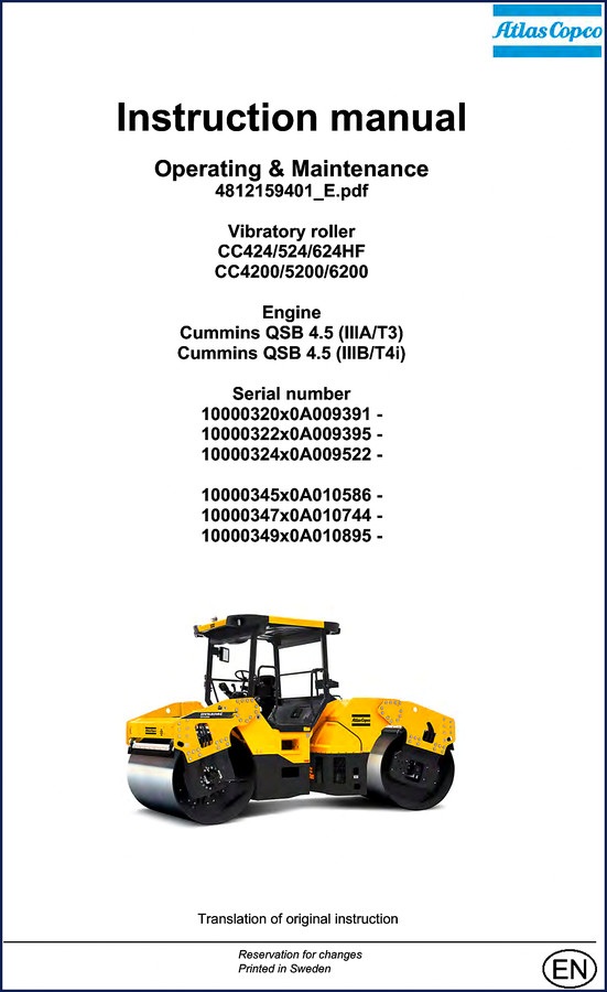 Atlas Copco CC424 vibratory roller operators manual cover page