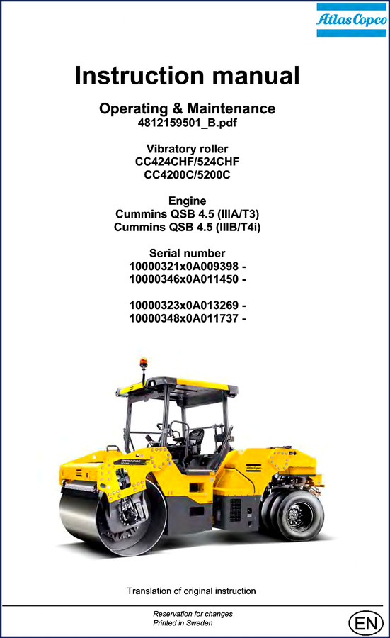 Atlas Copco CC424CHF CC4200C CC524CHF CC5200C 2015 OEM Operators Manual cover