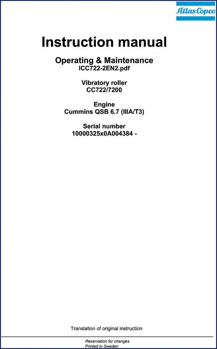 Atlas Copco CC722 CC7200 Operators Manual cover page