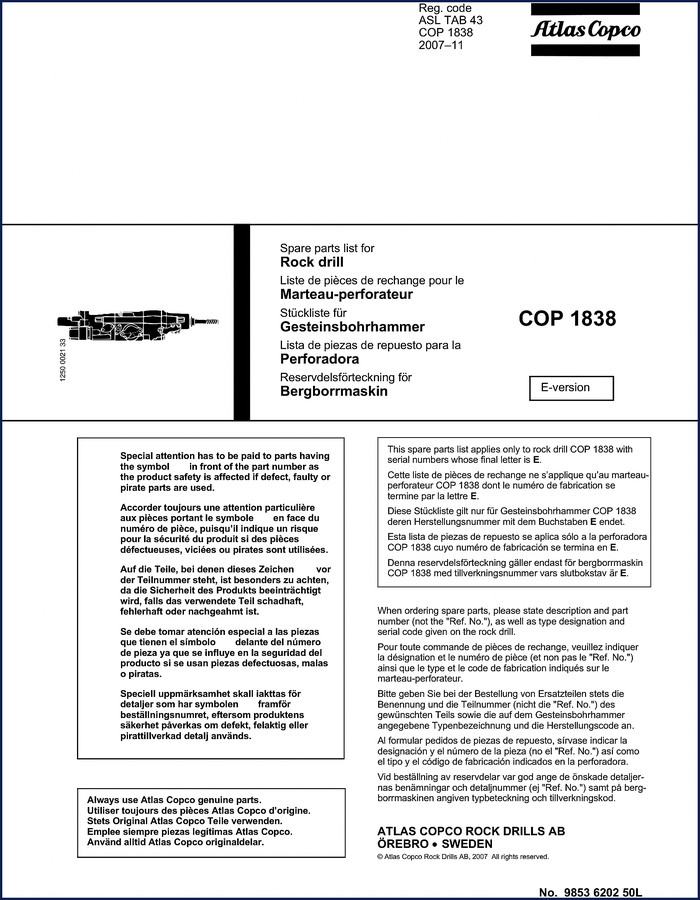 Atlas Copco COP 1838 2007 Parts Catalog cover page showing rock drill diagram and multilingual title