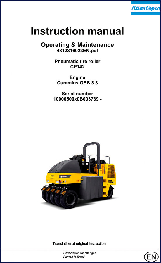 Atlas Copco CP142 Operators Manual cover showing pneumatic tire roller with Cummins QSB 3.3 engine