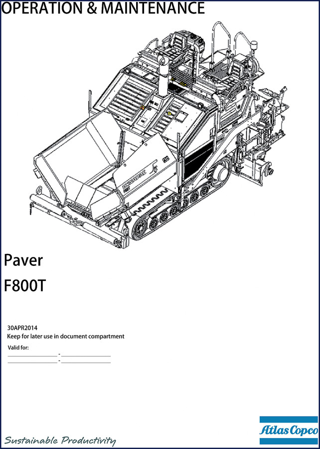 Atlas Copco F800T 2014 Operators Manual cover showing paver on a jobsite