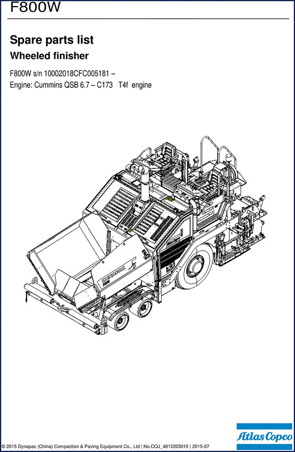 Atlas Copco F800W 2015 Operators Manual cover - factory operation and maintenance manual for paver