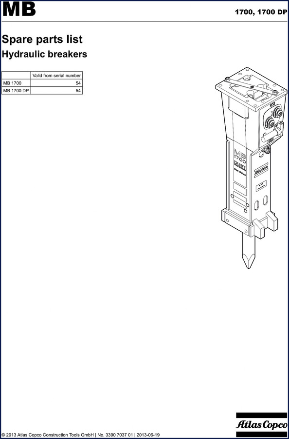 Atlas Copco MB 1700 and MB 1700 DP 2013 Parts Catalog cover showing hydraulic breaker