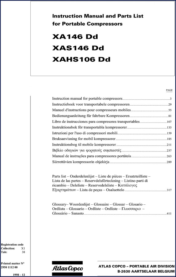 1998 Atlas Copco XA146 Dd, XAS146 Dd, XAHS106 Dd Operators Manual front cover