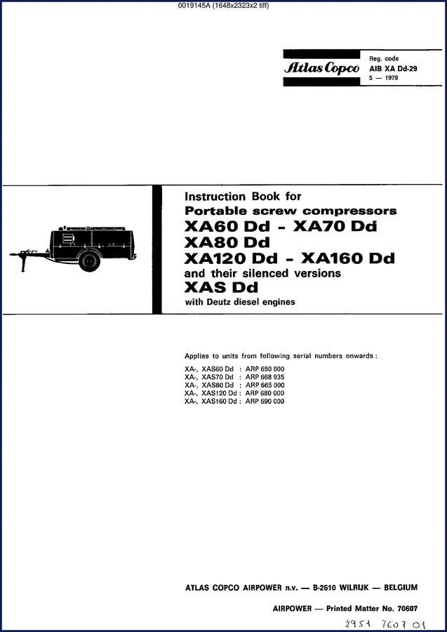 Atlas Copco XA60 Dd XA70 Dd XA80 Dd XA120 Dd XA160 Dd 1979 Operators Manual cover page