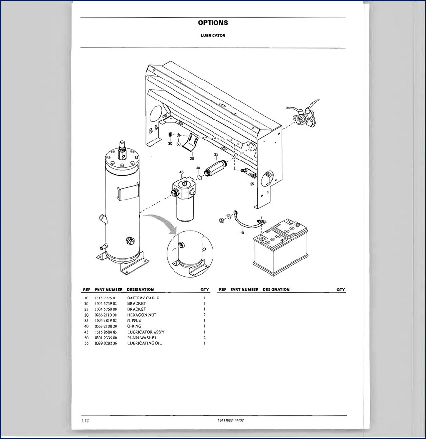 Atlas Copco Xas 67 Options Parts Catalog cover page with exploded views of lubricator and aftercooler assemblies