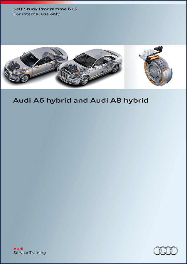 Audi A8 hybrid training manual cover showing system overview, high-voltage battery, and drivetrain layout 2012