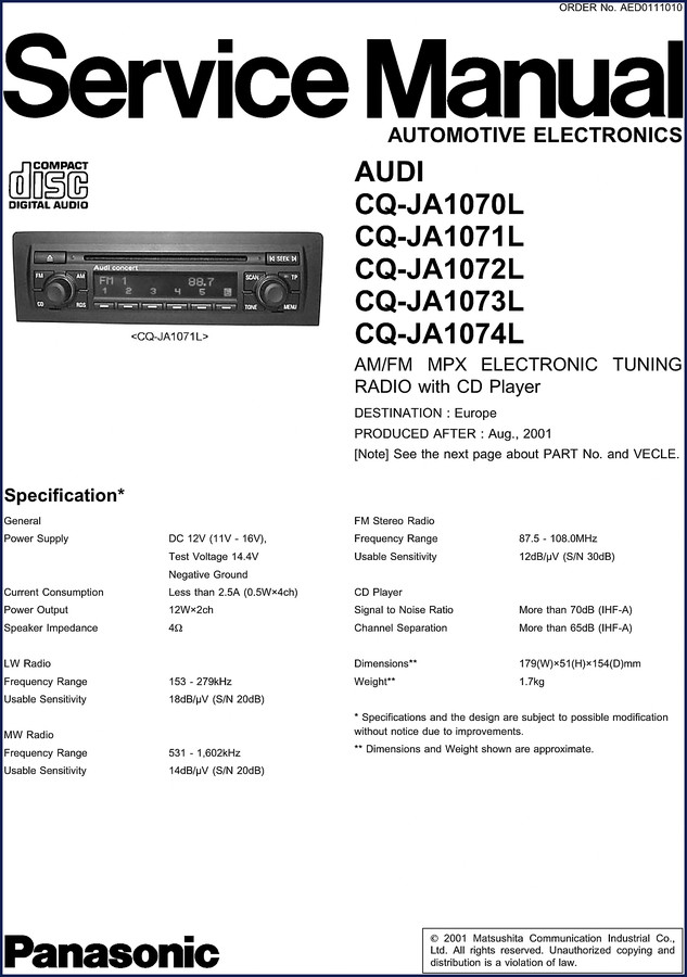 Audi CQ-JA1070L 2001 Service Manual cover – factory OEM document for AM/FM MPX radio with CD player