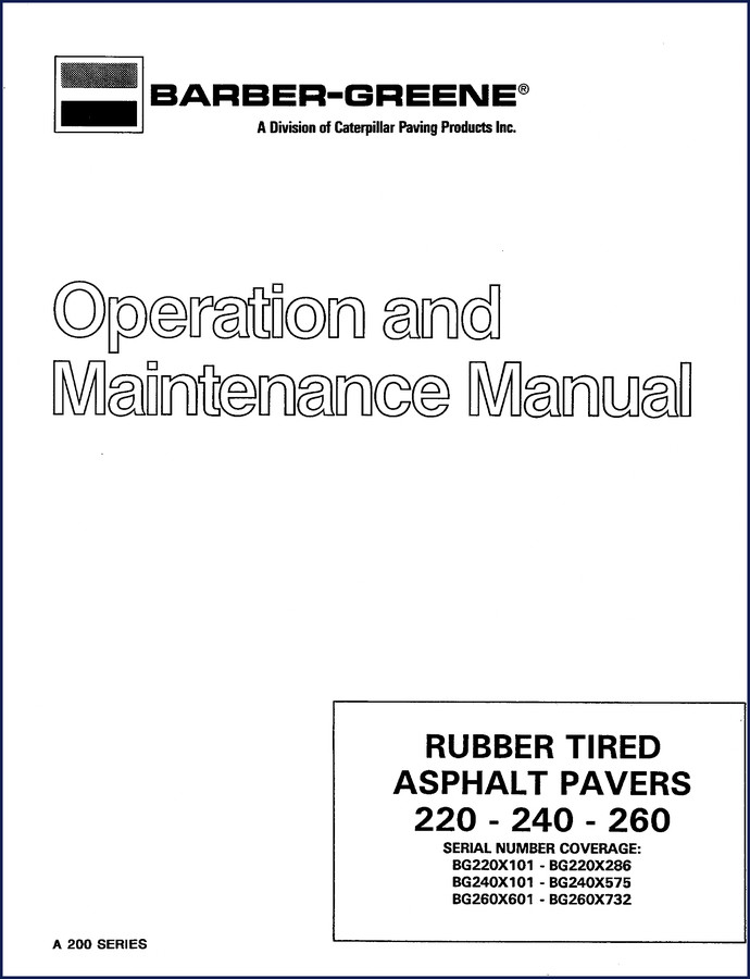 Barber-greene 220 240 260 1992 Operators Manual cover showing asphalt paver and serial number coverage