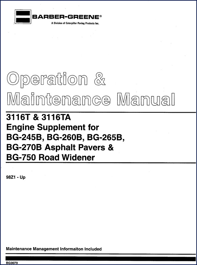 Barber-Greene BG-750 Asphalt Paver - factory technical manual cover