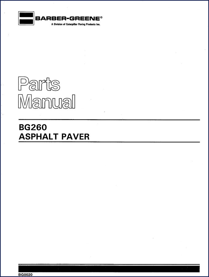 Barber-greene BG260 Parts Catalog cover page showing factory parts manual for the asphalt paver