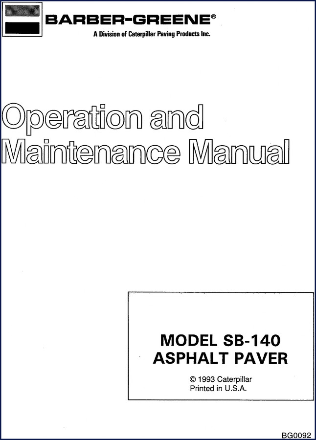 Barber-greene SB-140 1993 Operators Manual cover - factory operation and maintenance document