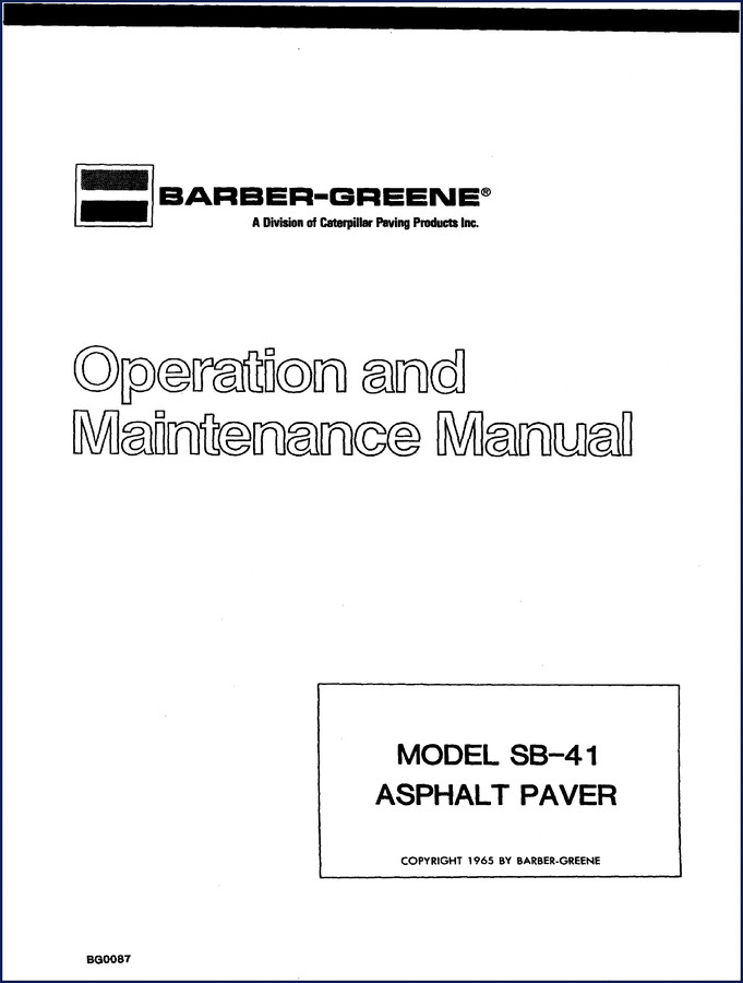 Barber-Greene SB-41 1965 Operators Manual cover – factory operation and maintenance manual for asphalt paver