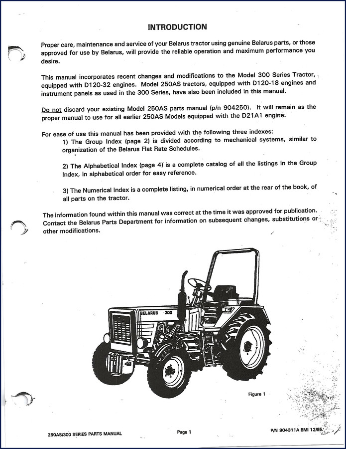 Belarus 300 and 250AS Parts Catalog cover page showing tractor model and factory manual number 904311A