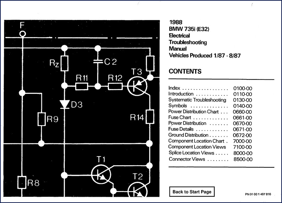 1988 BMW 735i Electrical Troubleshooting Manual cover showing wiring diagram and E32 chassis