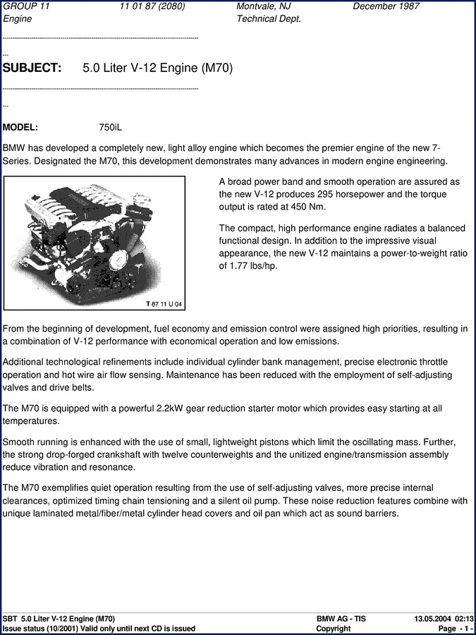 BMW 750iL 1987 Technical Manual cover showing factory engine specs and M70 V12 data
