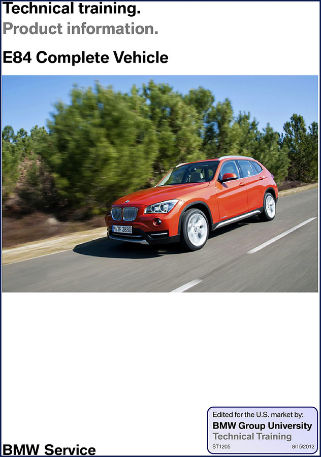 BMW E84 2012 Technical Manual cover page showing product training document from BMW Group