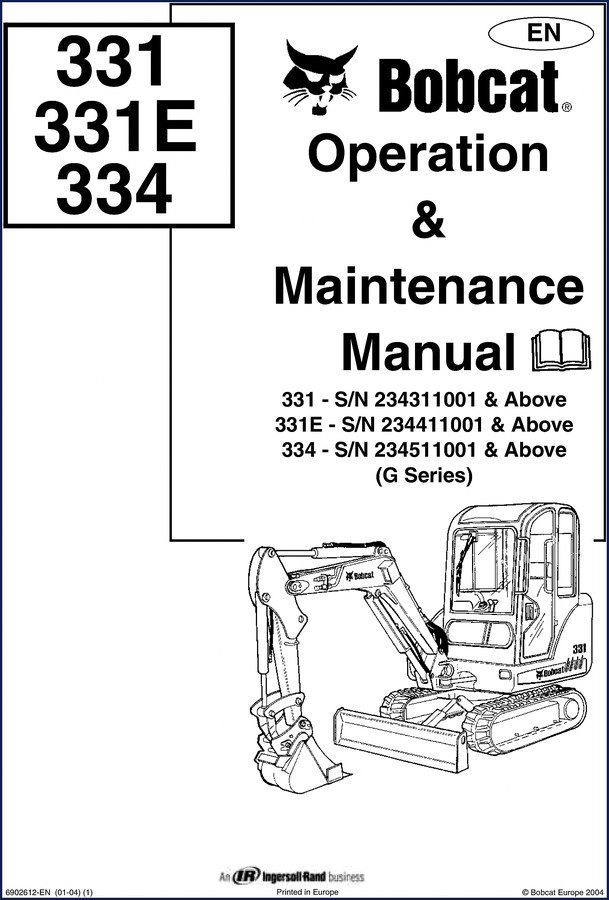 Bobcat 331 331E 334 2004 operators manual cover showing excavator on a slope