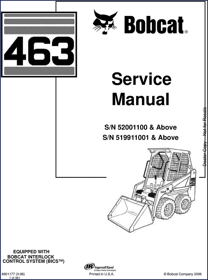 Bobcat 463 2006 Service Manual cover page showing skid steer loader and safety decals