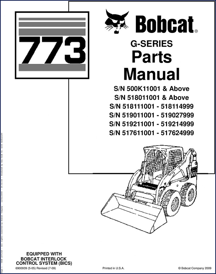 Bobcat 773 2009 Parts Catalog cover showing G-Series machine and BICS logo