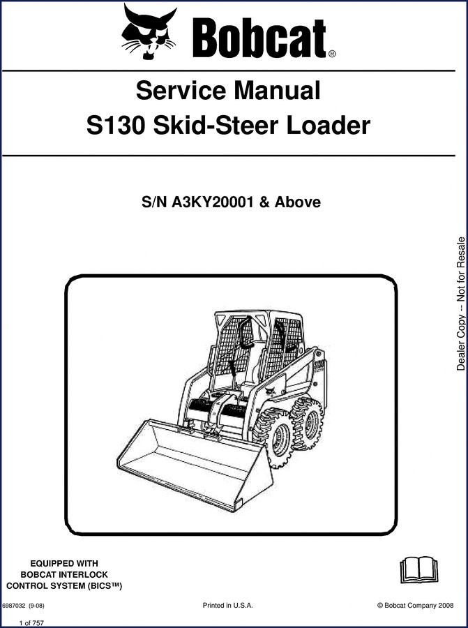 Bobcat S130 2008 Service Manual cover showing skid-steer loader