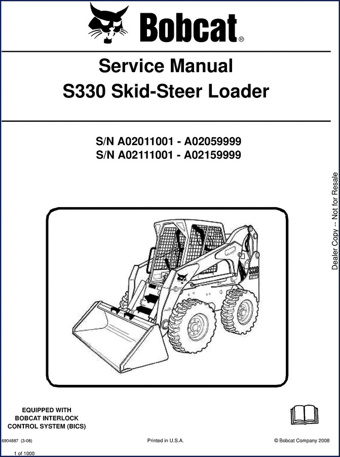 Bobcat S330 2008 Service Manual cover with skid-steer loader image