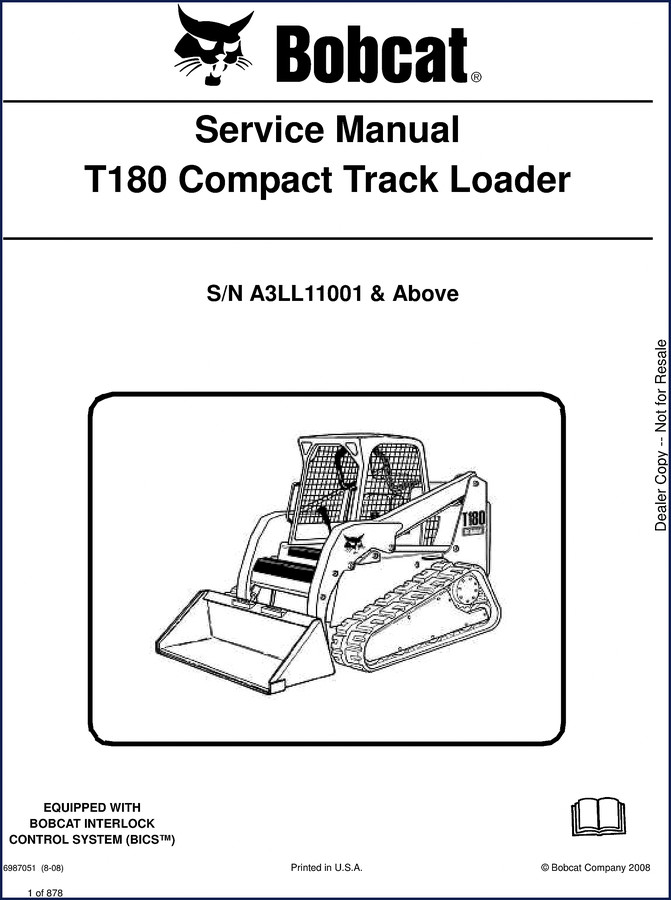 Bobcat T180 2008 Service Manual cover showing loader and manual