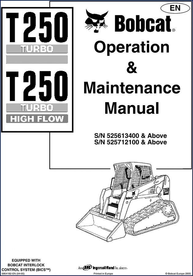 Bobcat T250 2005 Operators Manual front cover showing T250 turbo loader with ROPS cab