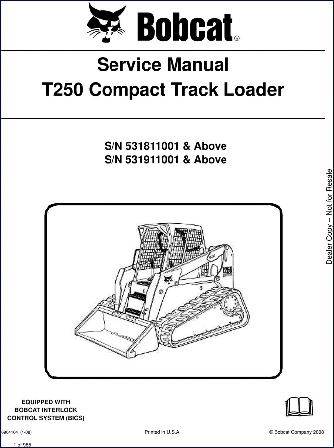 Bobcat T250 2008 Service Manual cover showing serial number locations and safety warnings