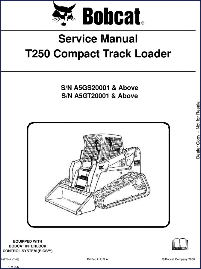 Bobcat T250 2008 Service Manual cover showing compact track loader and part number 6987044
