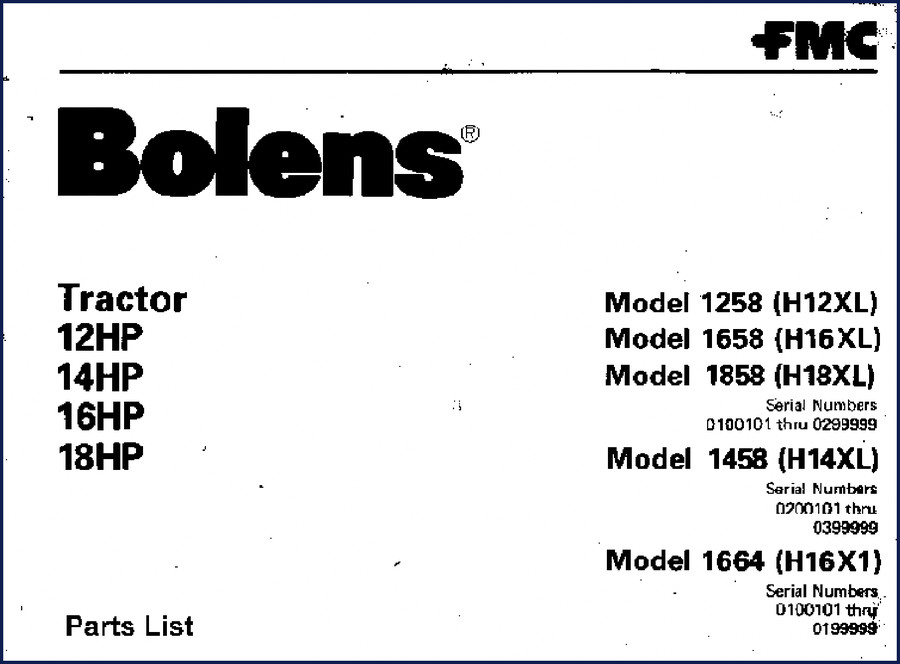 Bolens 1258 H12XL 1658 H16XL 1858 Parts Catalog factory parts list cover