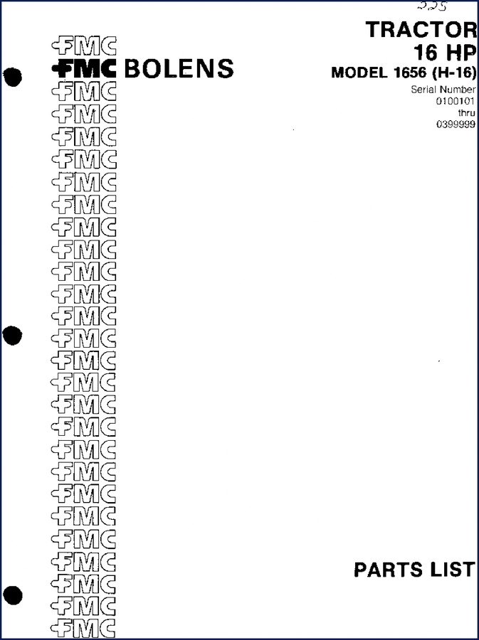 Bolens 1656 Parts Catalog cover – 15-page factory parts list for 16 HP tractor