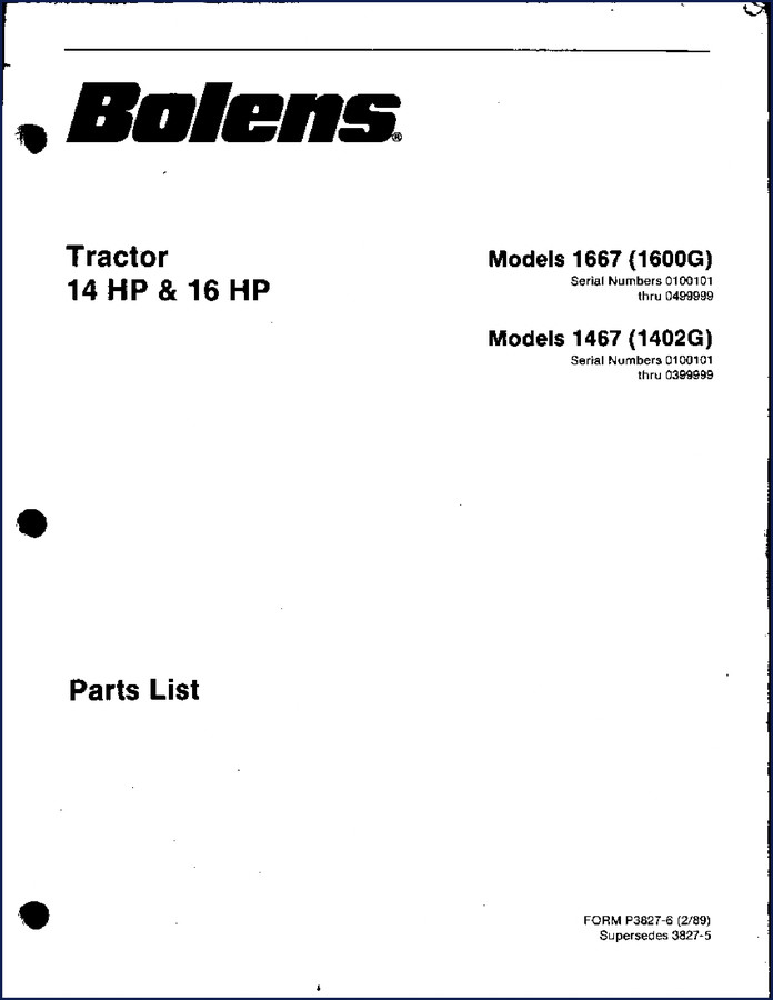 1989 Bolens 1667 1600G 1467 1402G Parts Catalog cover showing tractor illustration