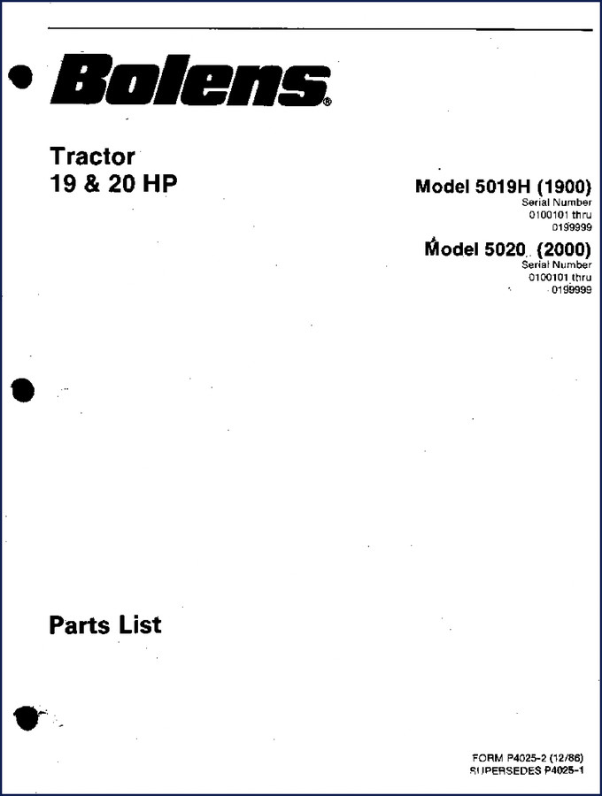 Bolens 5019H and 5020H 1986 Tractor Parts Catalog cover - 16 pages factory OEM