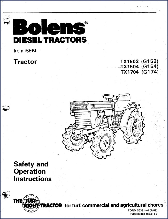 Bolens TX1502, TX1504, TX1704 1989 user manual cover showing ISEKI diesel tractor safety and operation instructions