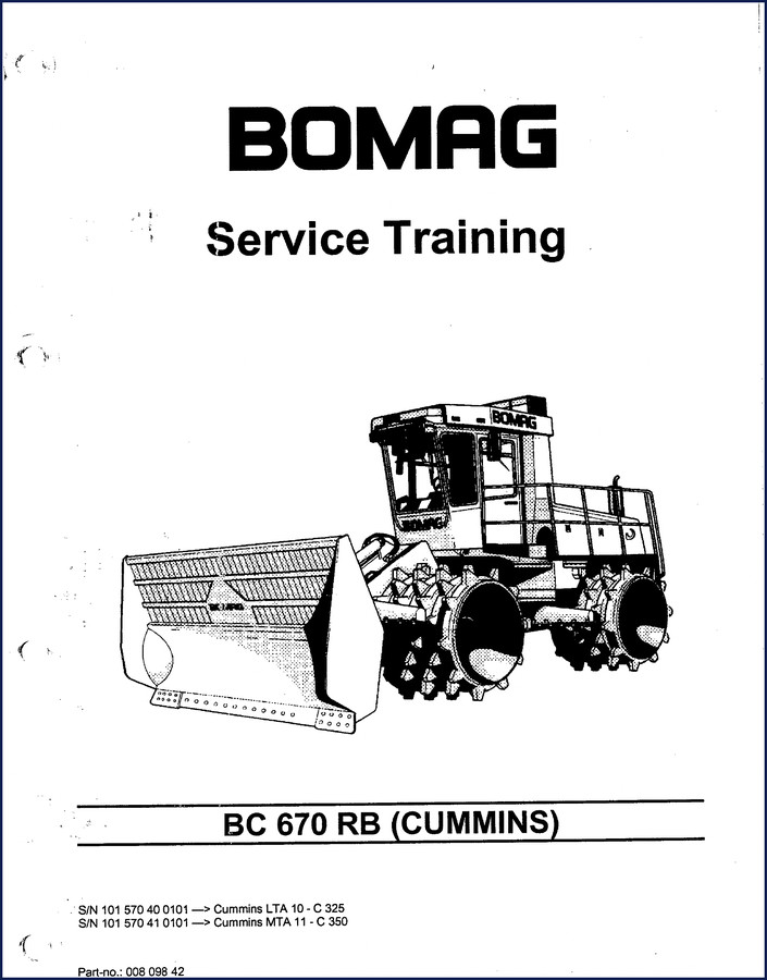 Bomag BC 670 RB training manual cover showing refuse compactor and Cummins engine specs