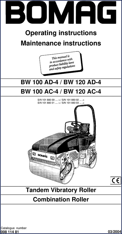 Bomag BW 100 AD-4 BW 120 AD-4 BW 100 AC-4 BW 120 AC-4 2004 Operators Manual cover page