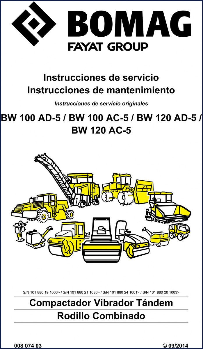 Bomag BW 100 AD-5 BW 100 AC-5 BW 120 AD-5 BW 120 AC-5 2014 Service Manual cover page showing tandem vibratory roller
