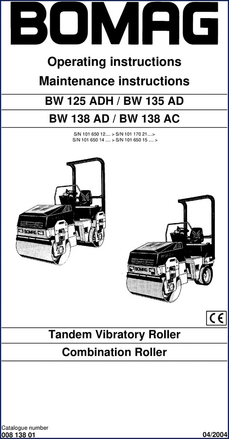 Bomag BW 125 ADH, BW 135 AD, BW 138 AD, BW 138 AC 2004 Operators Manual cover