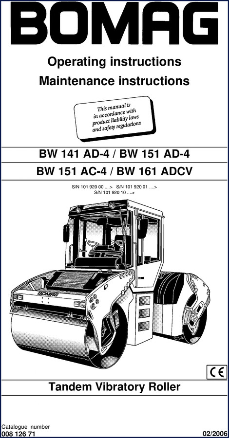 Bomag BW 141 AD-4 / BW 151 AD-4 / BW 151 AC-4 / BW 161 ADCV 2006 Operators Manual cover
