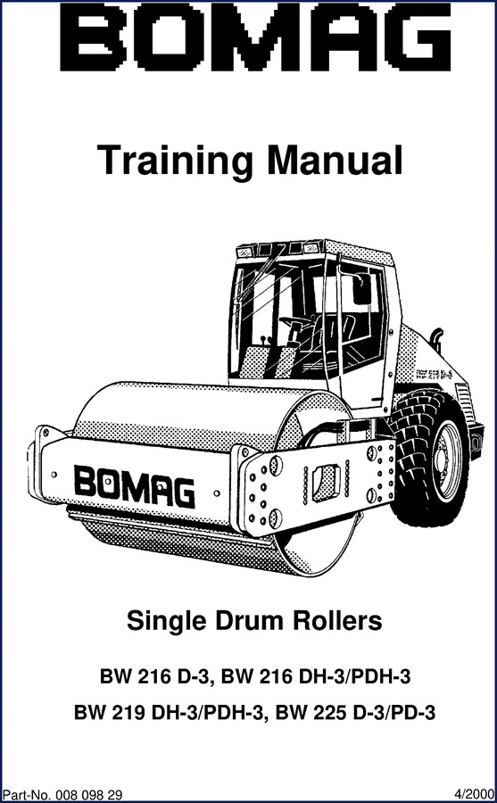 Bomag BW 216/219 D-3 single drum roller 2000 training manual cover and table of contents