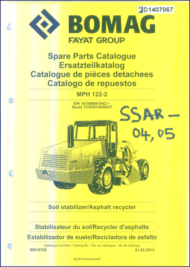Bomag MPH 122-2 2013 Parts Catalog cover page showing OEM factory documentation