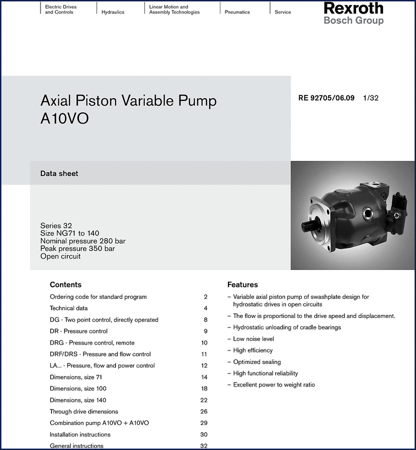 Bosch Rexroth A10VO Technical Manual cover – 32-page OEM data sheet for Series 32 axial piston pump
