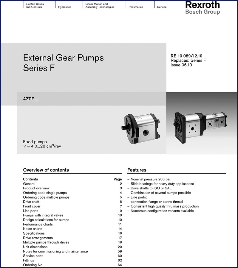 Bosch Rexroth Series F Technical Manual 2010 – front cover of OEM factory manual for external gear pumps