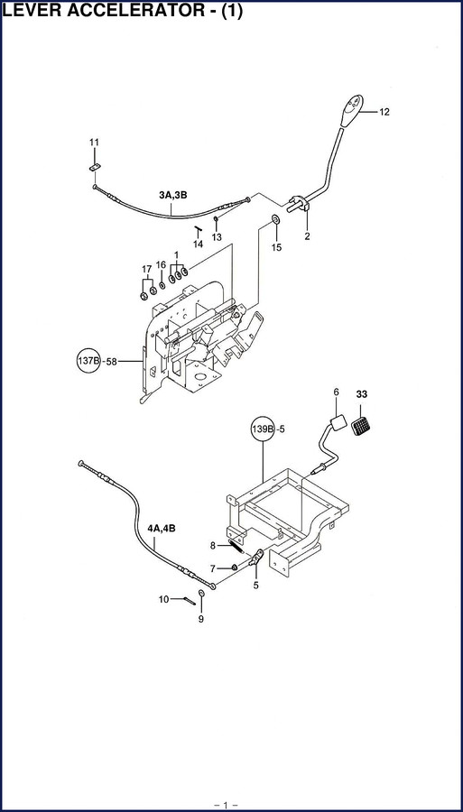 Branson 3510, 2810, 3520, 4020, 4320 parts catalog exploded view of accelerator lever and steering column