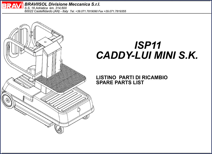 Bravii ISP11 CADDY-LUI MINI S.K. spare parts catalog page 1 showing motor and gearbox parts list with exploded diagram