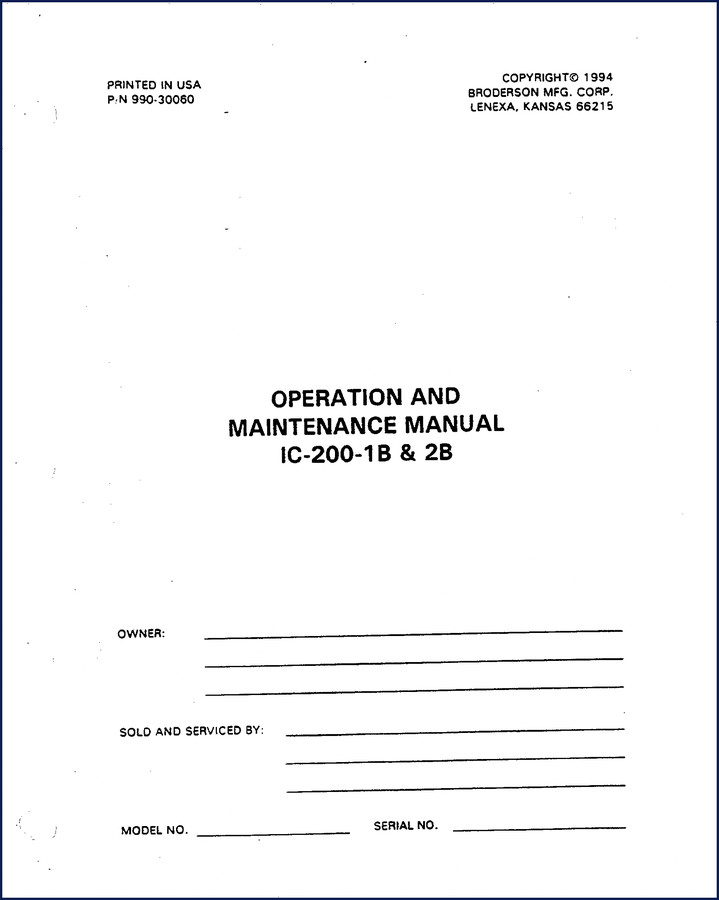 Broderson IC-200-1B and IC-200-2B 1994 Operators Manual cover showing model numbers and OEM branding